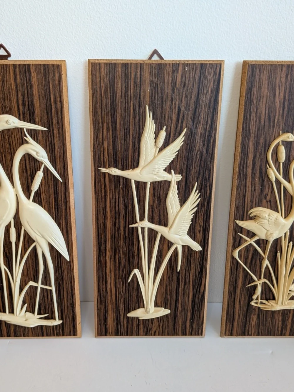 Vintage Bakelite carved Water Fowl on wood Wall Plaques  Set Of 3 Heron Geese